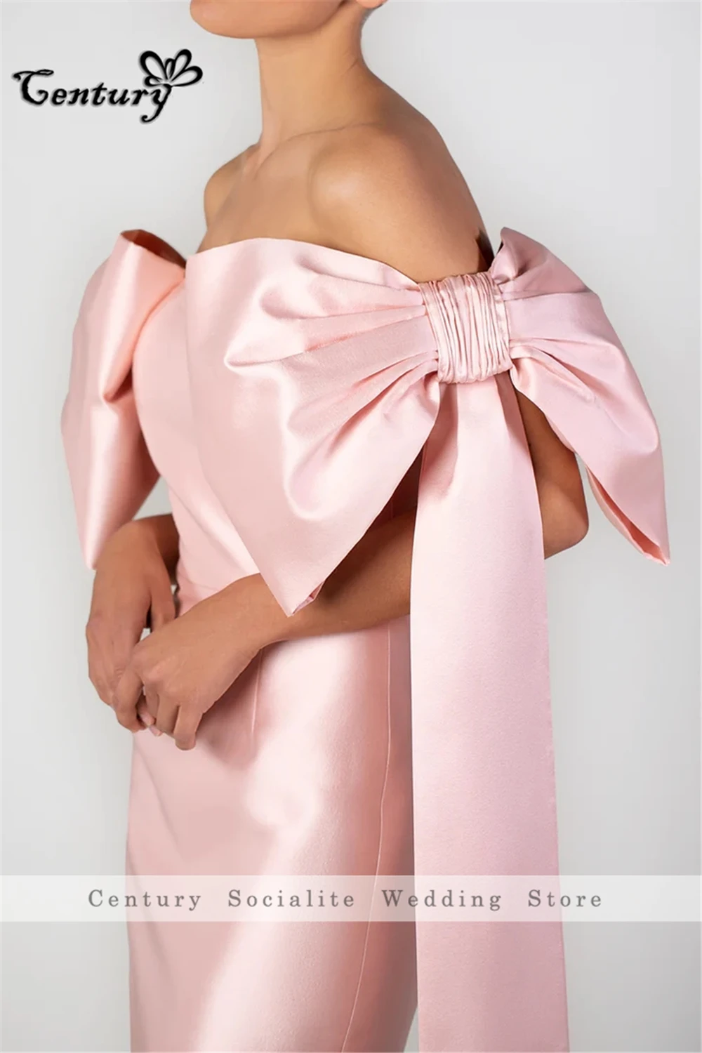 Vestido de fiesta árabe saudí rosa, lazo grande corto con hombros descubiertos por encima de la rodilla, Mini vestidos de fiesta de noche de Dubái,