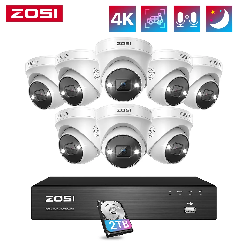 ZOSI 4K PoE Video Surveillance Cameras System 8 Ports 16CH 8MP CCTV NVR Person/Vehicle Detect 8MP/5MP Out/Indoor Security IP Cam