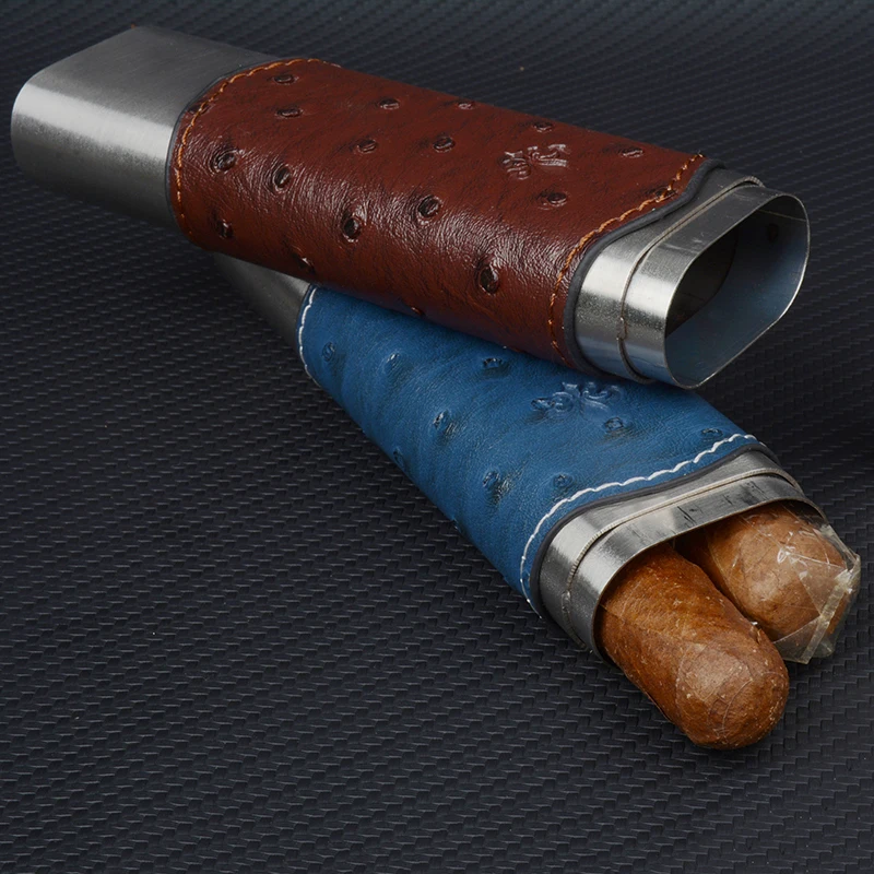 PU Leather Cigar Case 54 Ring Stainless Steel Cigar Holder 6.7" Long Mini Cigar Box 2 Tube Travel Cigar Humidor Accessory - view 4