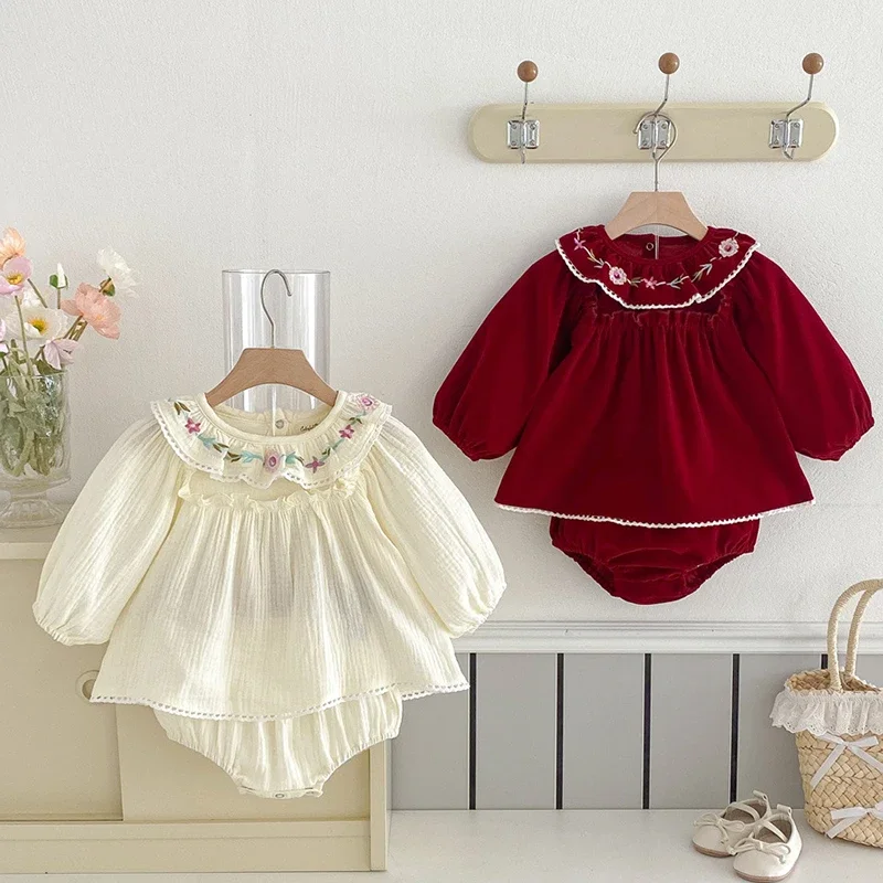 

2025 New Autumn Toddler Baby Clothes Suit Long Sleeved Cotton Embroidery T-shirt+PP Shorts 0-3Yrs Infant Baby Girls Clothing Set