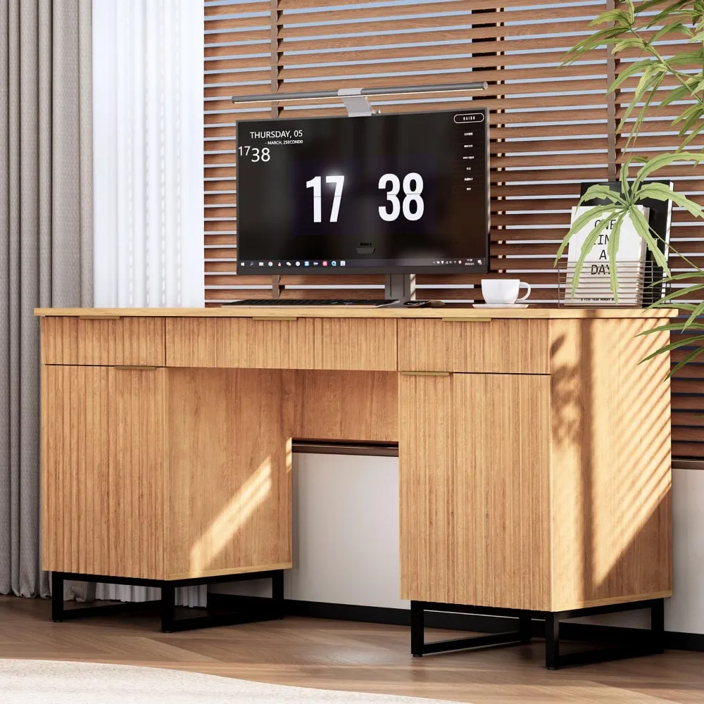 

55" Fluted Executive Desk with File Drawer,Wooden Computer Desk with Storage,Light Wood Modern Office Desk for Work and Studying