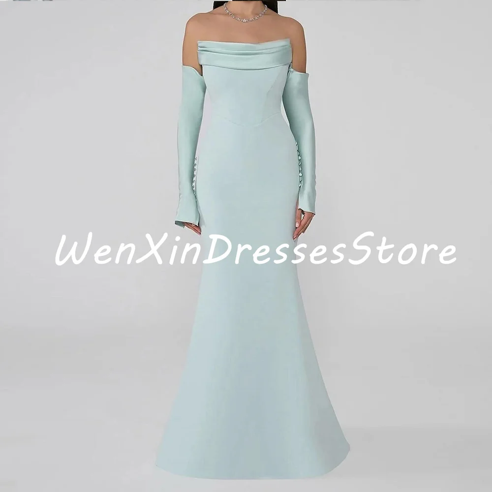 Elegant Blue A-Line Floor Length Boat Neck Detachable Sleeve Jersey 3/4 Sleeves Party Dress Evening Gowns  Pleats Saudi Arabia