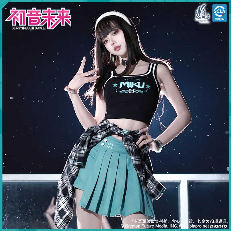 Original Hatsune Miku Blouse Skirt Women Men Checked Shirt Vest Women Long Sleeve Tee Pleated Skirt Cosplay Costume Clothing