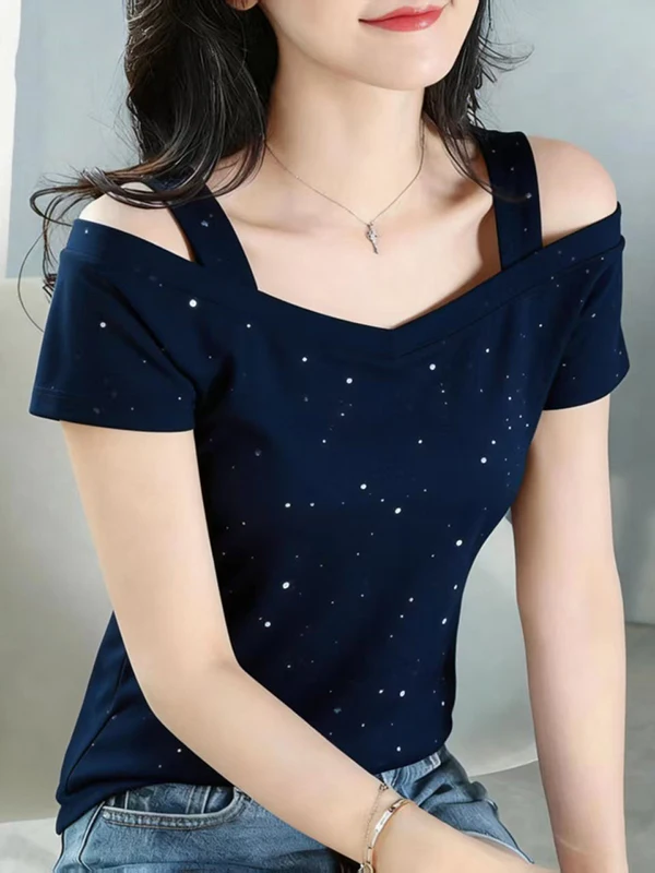 Shiny Sequin V-Neck Short Sleeve Loose Fit Shoulder Bared T-Shirt Korean Style plus Size Women's Summer Top Skin-Friendly Bre...
