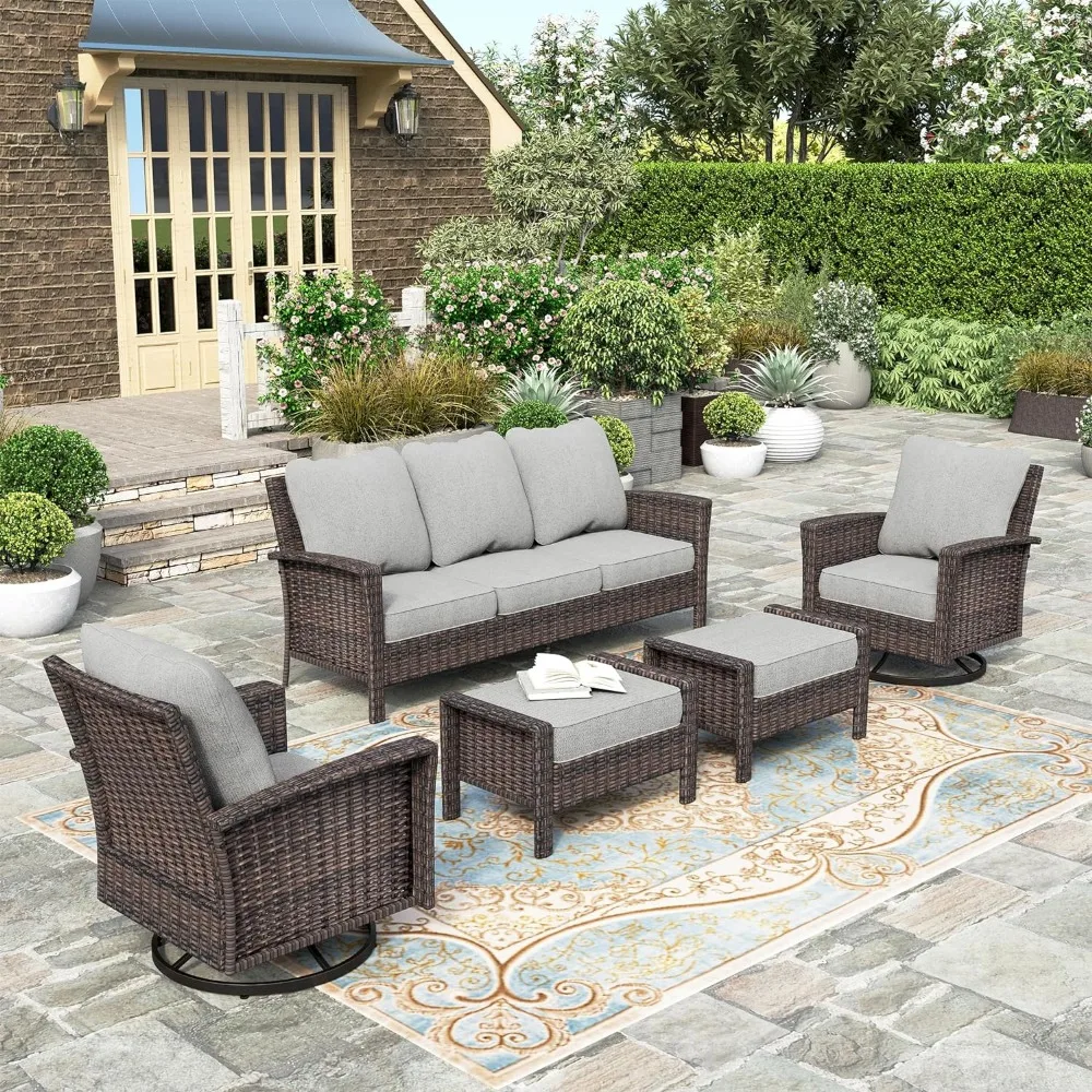 Wicker Patio Furniture Sets,2 x High Back Swivel Chair,3-Seat Sofa with 2 x Ottoman,Outdoor Furniture Conversation Sofa