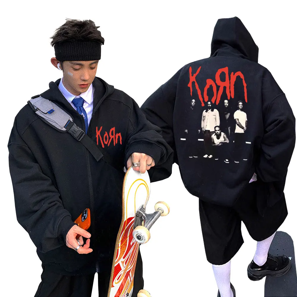 Awesome Retro Rock Band Korn Print Zipper Hoodie Men Women Casual Cotton Oversized Jacket Unisex Fashion Vintage Zip Up Hoodies