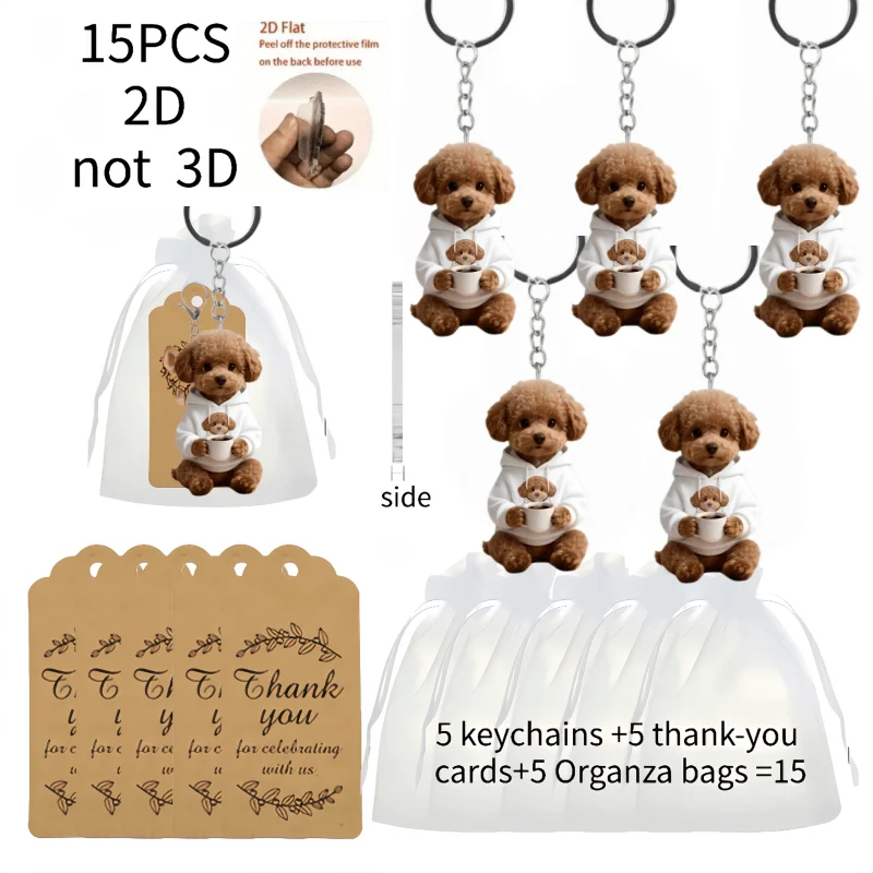 5sets Cute Poodle Keychain Including 2D Acrylic Pendant & Thank You Cards & Gift Yarn Bags Holiday Giveaway For Friends Family