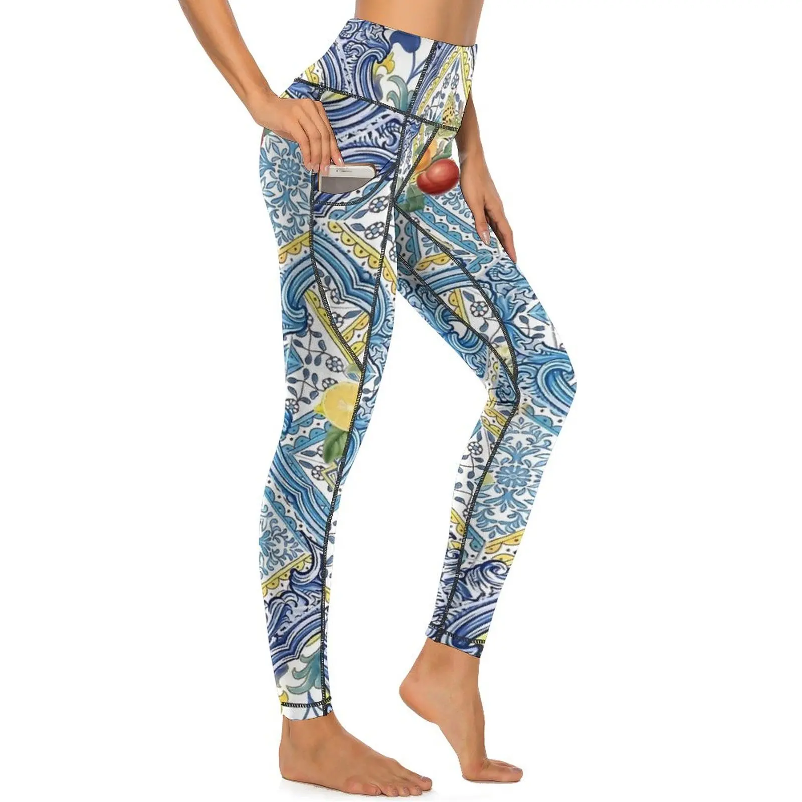 Retro Lemon Blue Tiles Leggings Sexy Italian Citrus Fruit Gym Yoga Pants Push Up Stretch Sport Legging Breathable Print Leggins