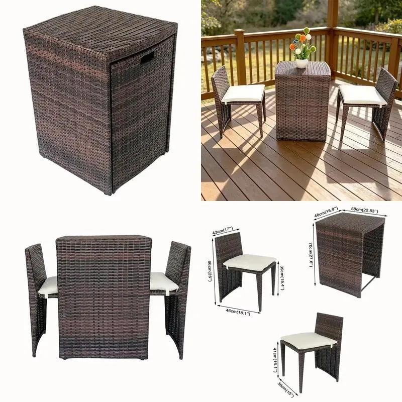 Custom Classic 3 Piece Rattan Chair and Table Set Space Saving Garden Courtyard Furniture Inexpensive
