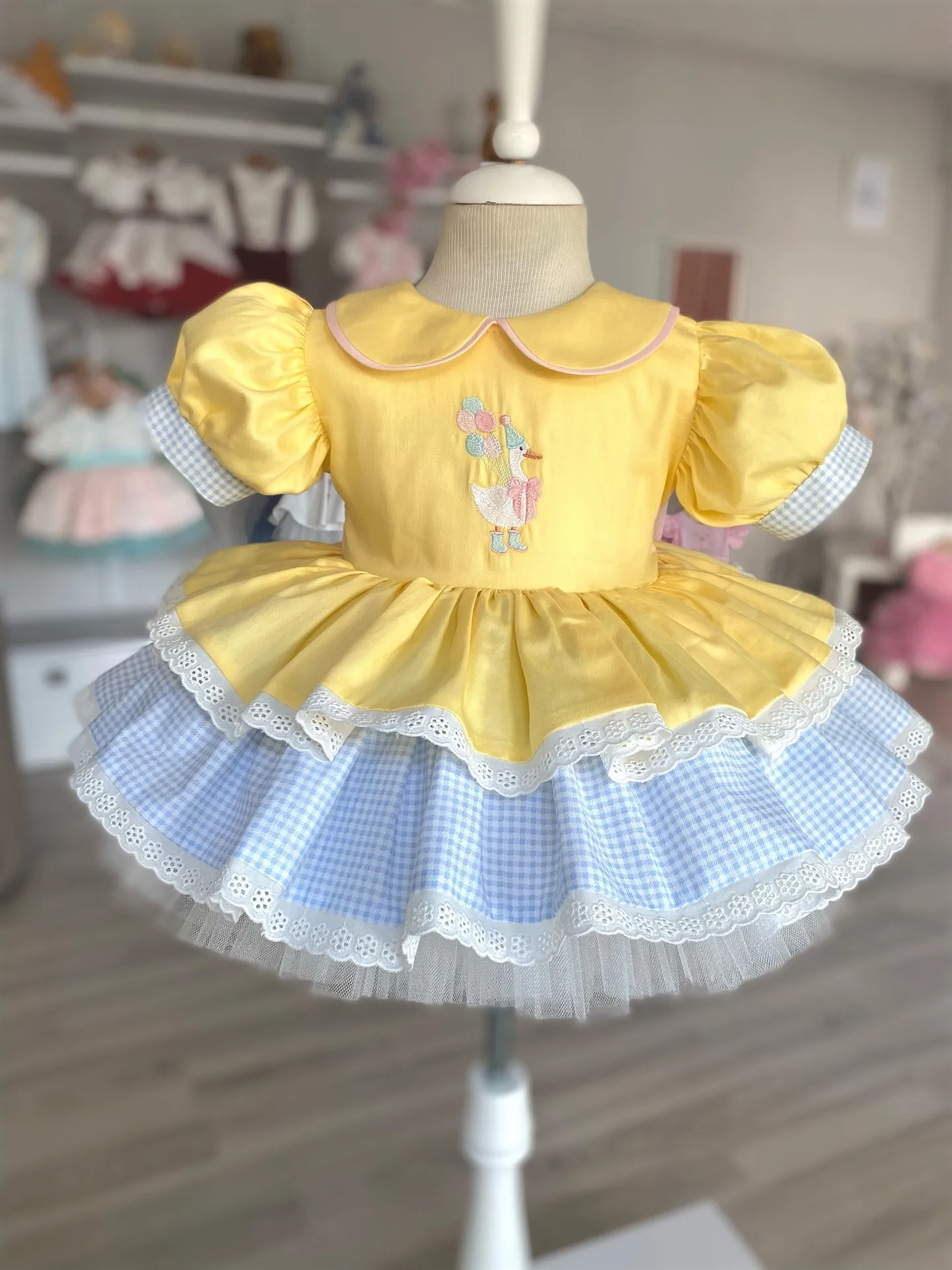 Summer Girl Cute Balloon Duck Embroidered Pink Bow Yellow Blue Grid Dress for Casual Party Birthday Wedding Photography