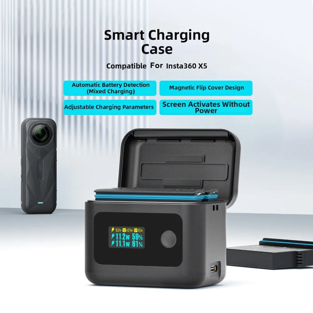 Portable Multi-functional Charging Case For Insta360 X5 Action Camera Charging Manager With Digital Display Camera Accessories