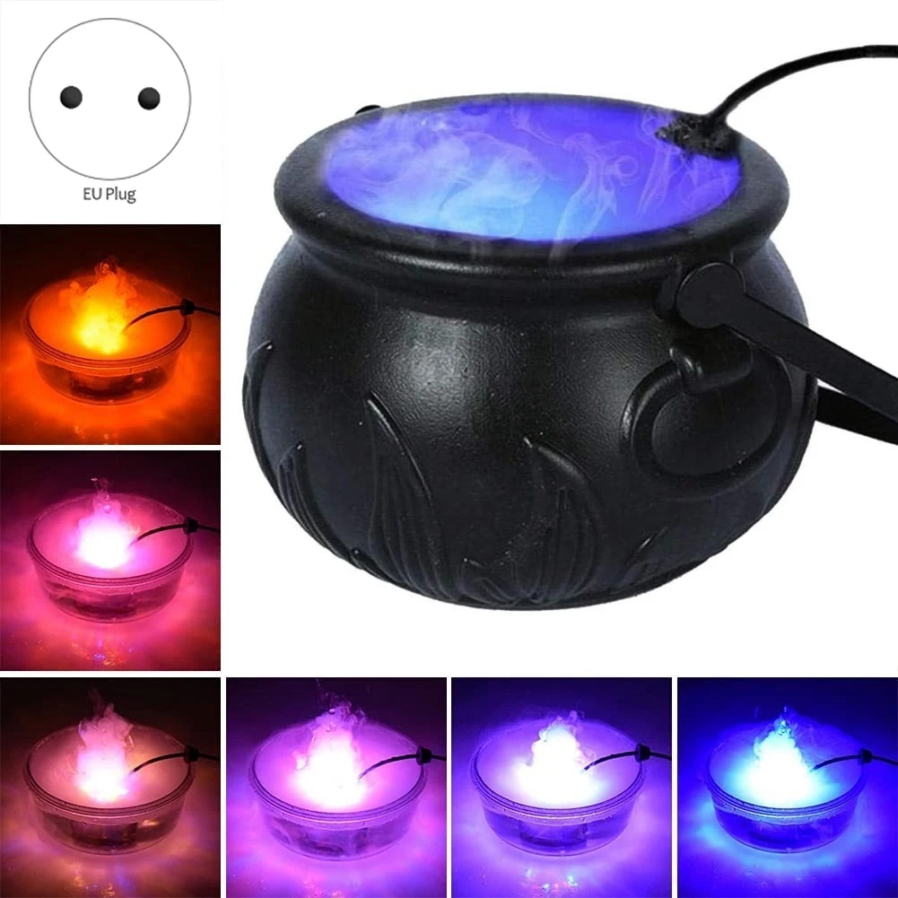 Halloween Witch Jar Cauldron Mist Maker Smoke Fog Machine with Color Light Holiday Decoration Prop EU Plug