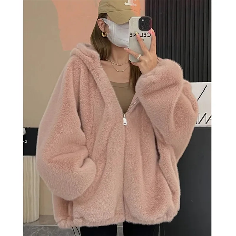 Autumn Winter Large Size Lmitation Rabbit Hair Coat Women 2024 New Fashion Loose Casual Tops Hooded Jacket Outerwear Female