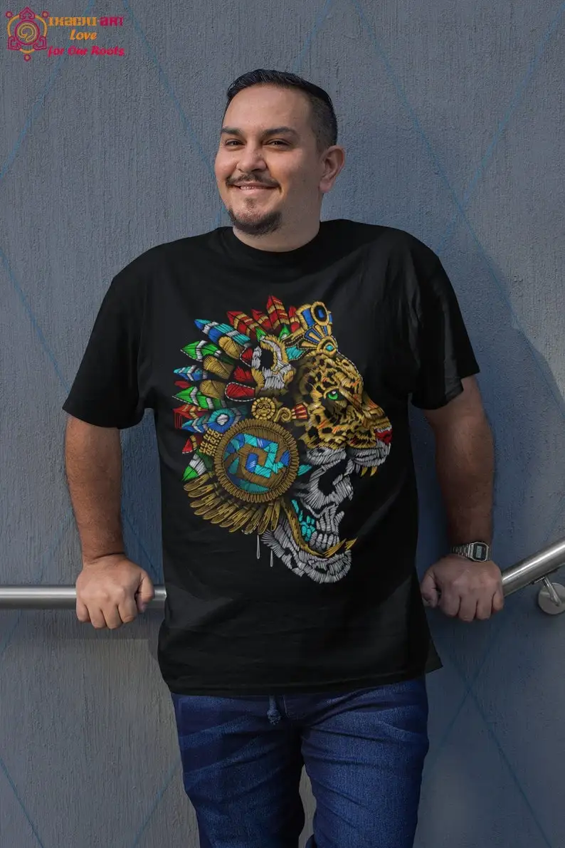 2025 صيف جديد رائجة البيع في المكسيك ازتيك المحارب الفن طباعة المكسيكي تي شيرت للرجال والنساء عرق تنفس تي شيرت #2