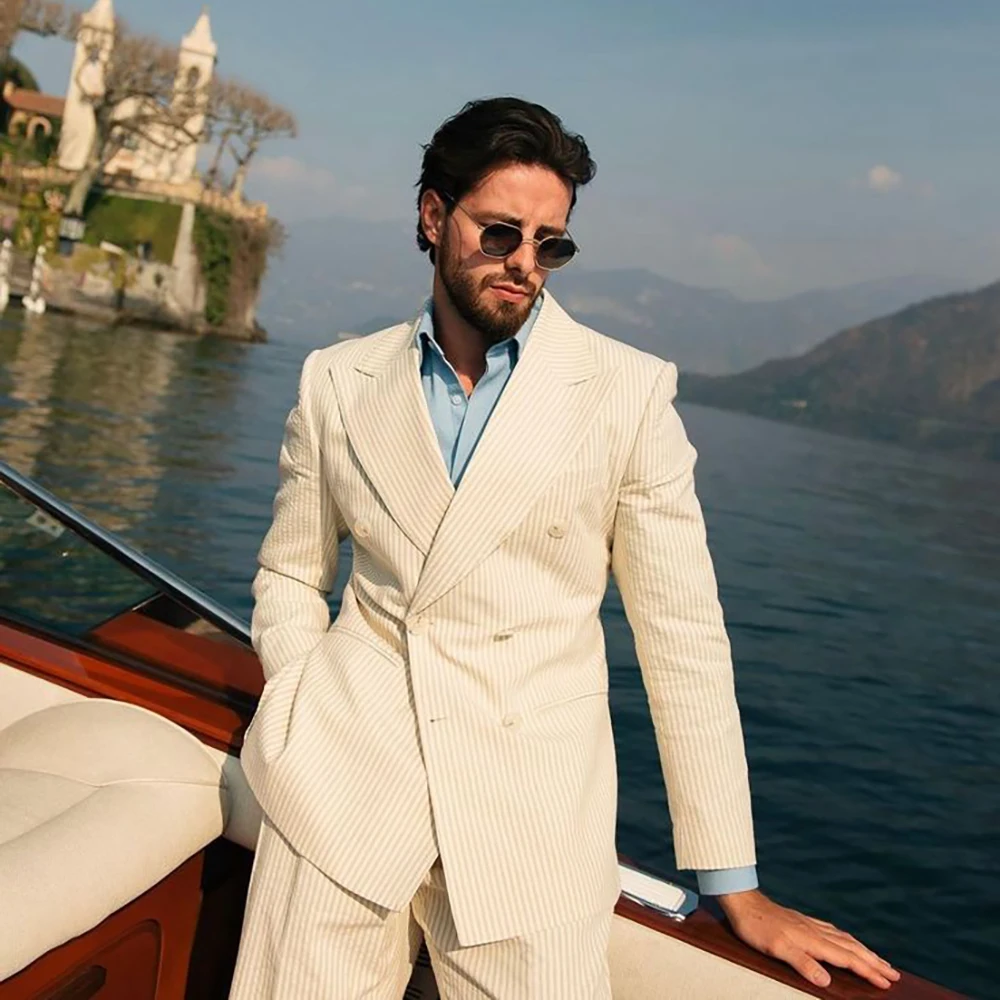 

Summer Men's Seersucker Suits 2 Piece Male Set Striped Lightweight Breathable Blazer Resort Banquet Wear Wedding Guest Costume