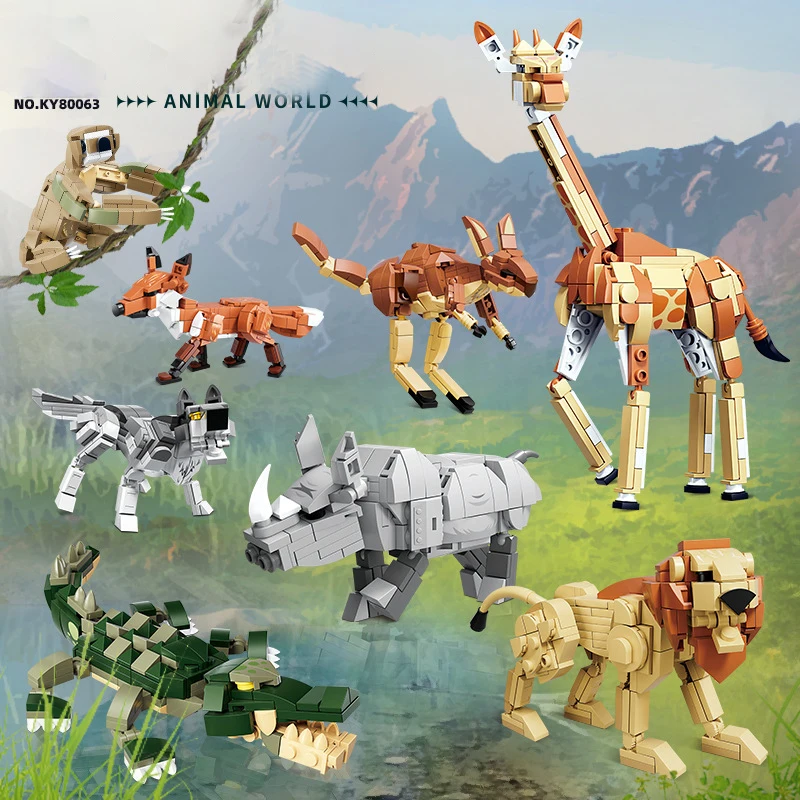 

Cartoon Animal Series Giraffe, Rhinoceros, Fox, Lion, and Wolf Building Blocks Bricks Toys Gifts