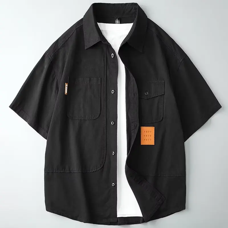 M-6XL Loose Men Cargo Shorts Shirts High Quality Summer Cotton Shirts for Man Green Black Oversized Top New 2025