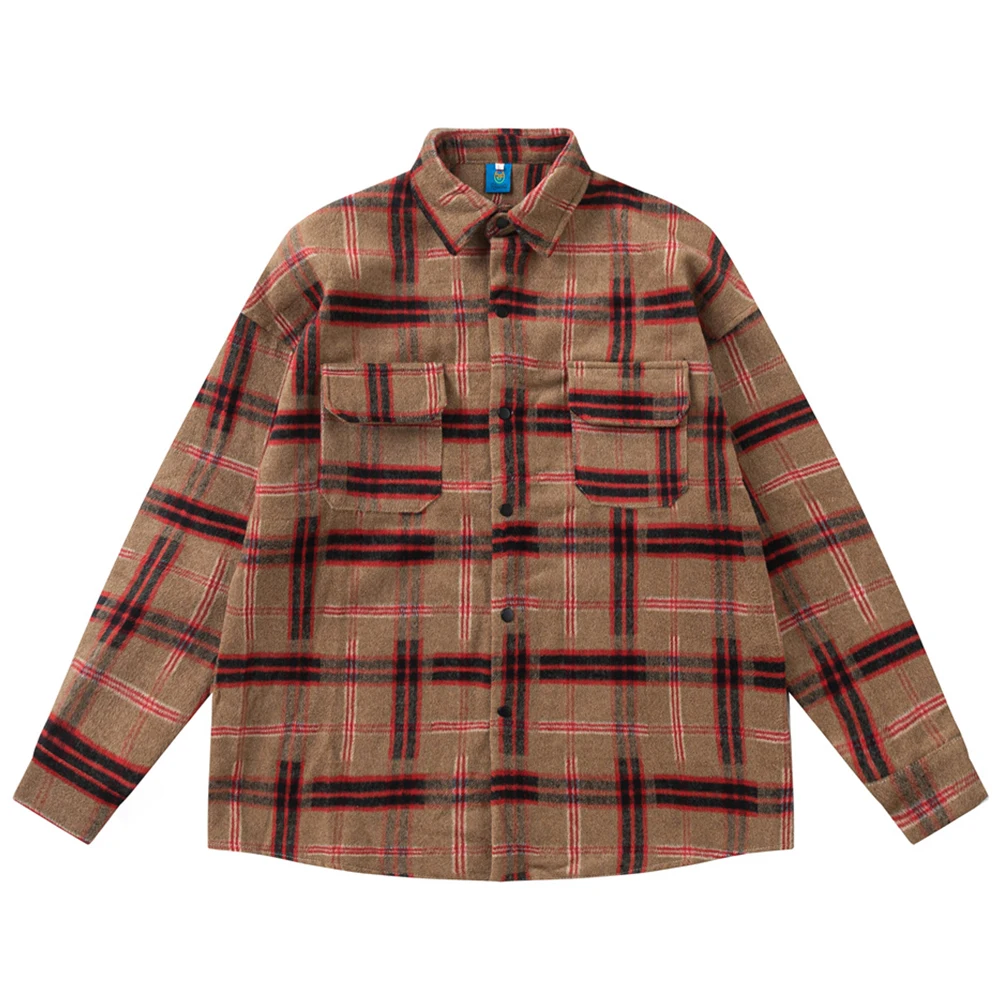 

Plaid Woolen Material Men's Shirt Jacket Autumn Turn-down Collar Casual Shirts Jackets Man 3 Colors