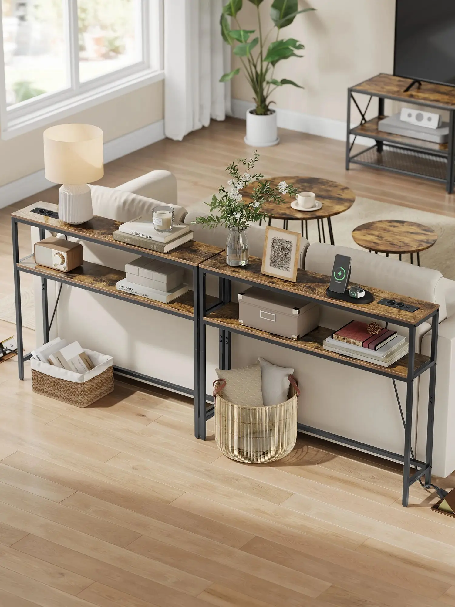 VASAGLE Consoletafel, smalle salontafel met 2 planken, 20x100x80 cm, haltafel met laadstation, voor woonkamer
