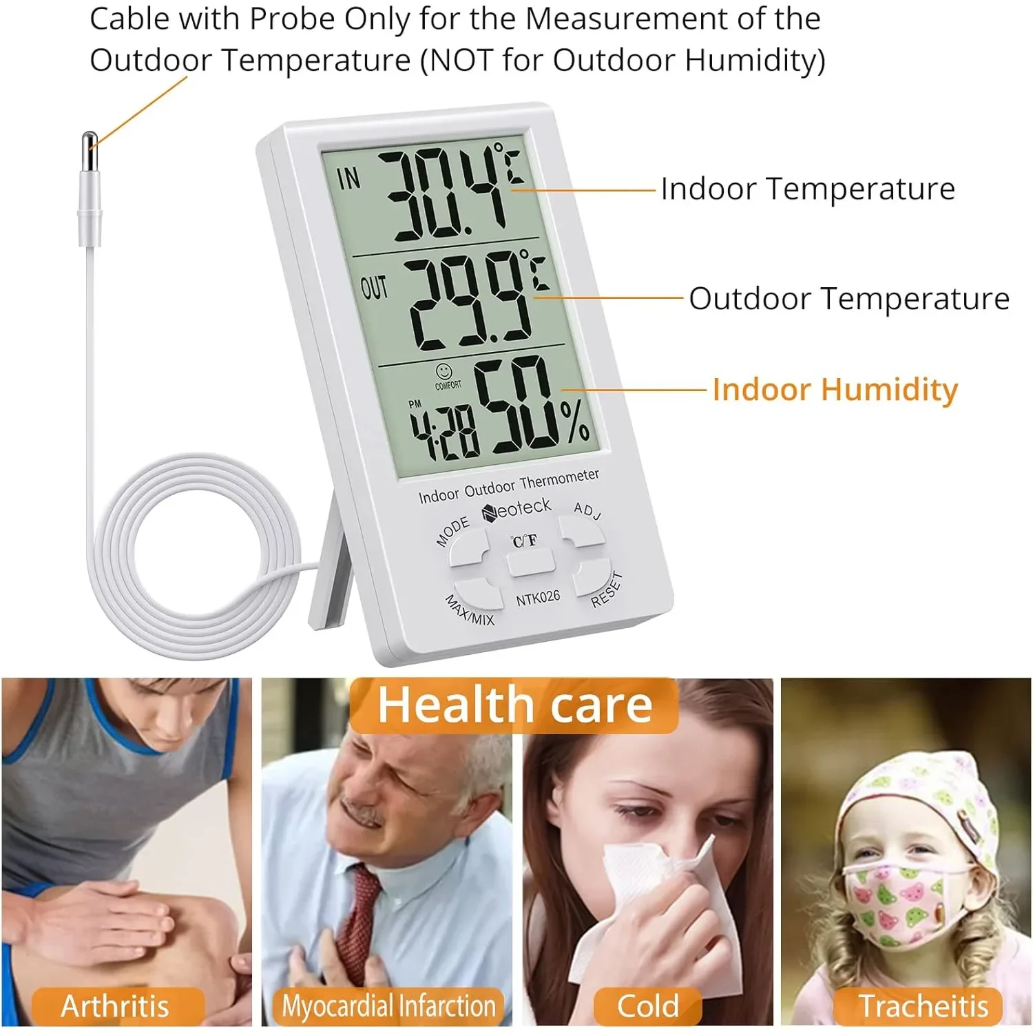 2 in 1 Digital Hygrometer with LCD Display Time Display Humidity Thermometer Temperature Meter Sensor Wire for Indoor Outdoor