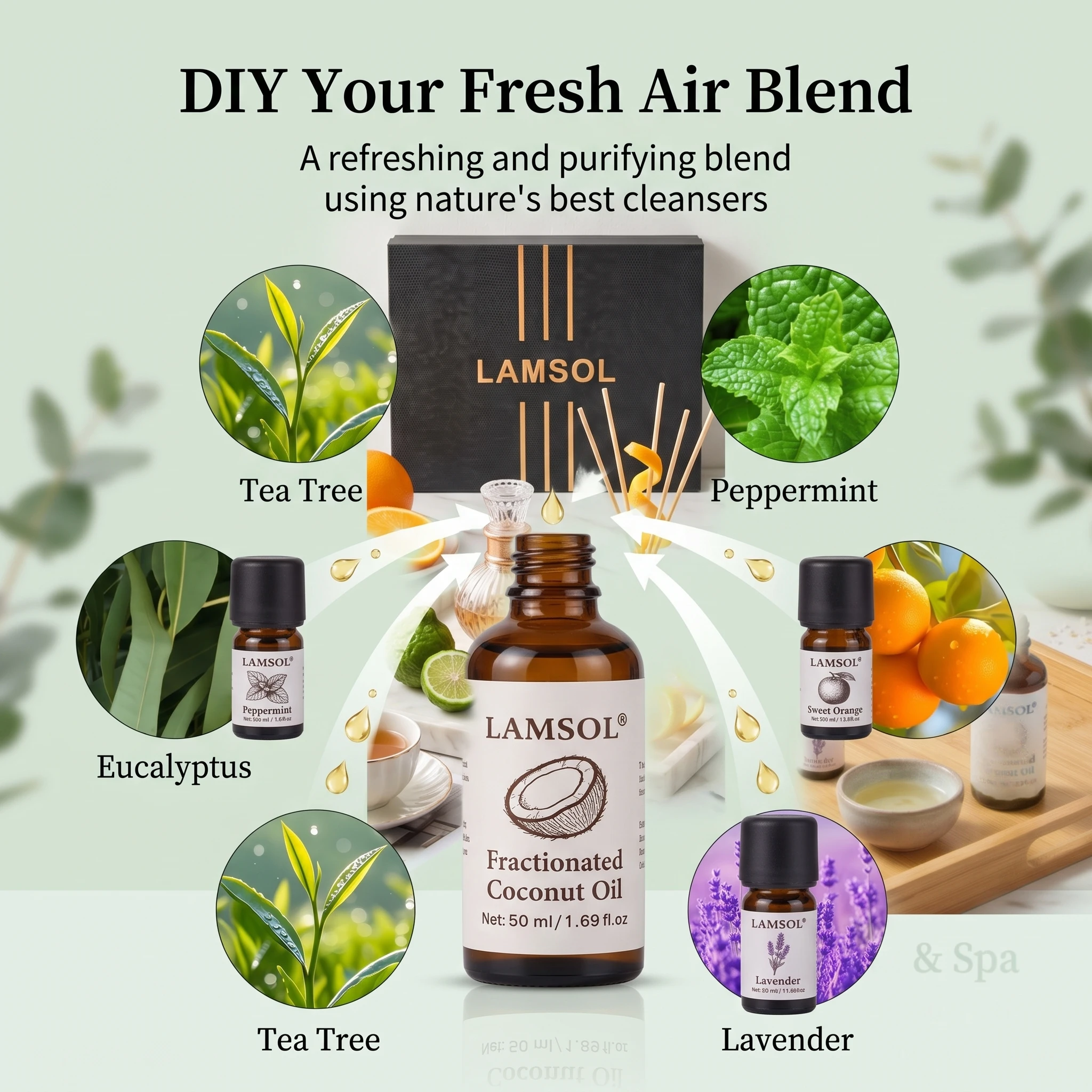 LAMSOL Luxury Home Fragrance Essential Oil Gift Set 75ml  5 Pure Essential Oils 50ml Carrier Oil Purifying The Air Kit Diffuser