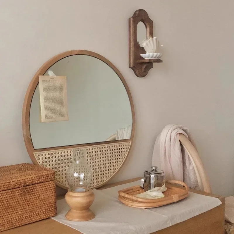 Vintage Wooden Makeup Mirrors Wall Mounted Rattan Weaving Mirror for Dormitory Homestay Wall Stickers Desktop Decorative Mirror