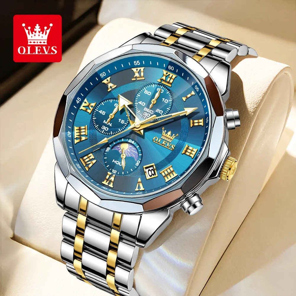 

OLEVS Men Watch 3675 Luxury Original Stainless Steel Quartz Wristwatches Waterproof Luminous Moon Phase Watches For Man Gifts