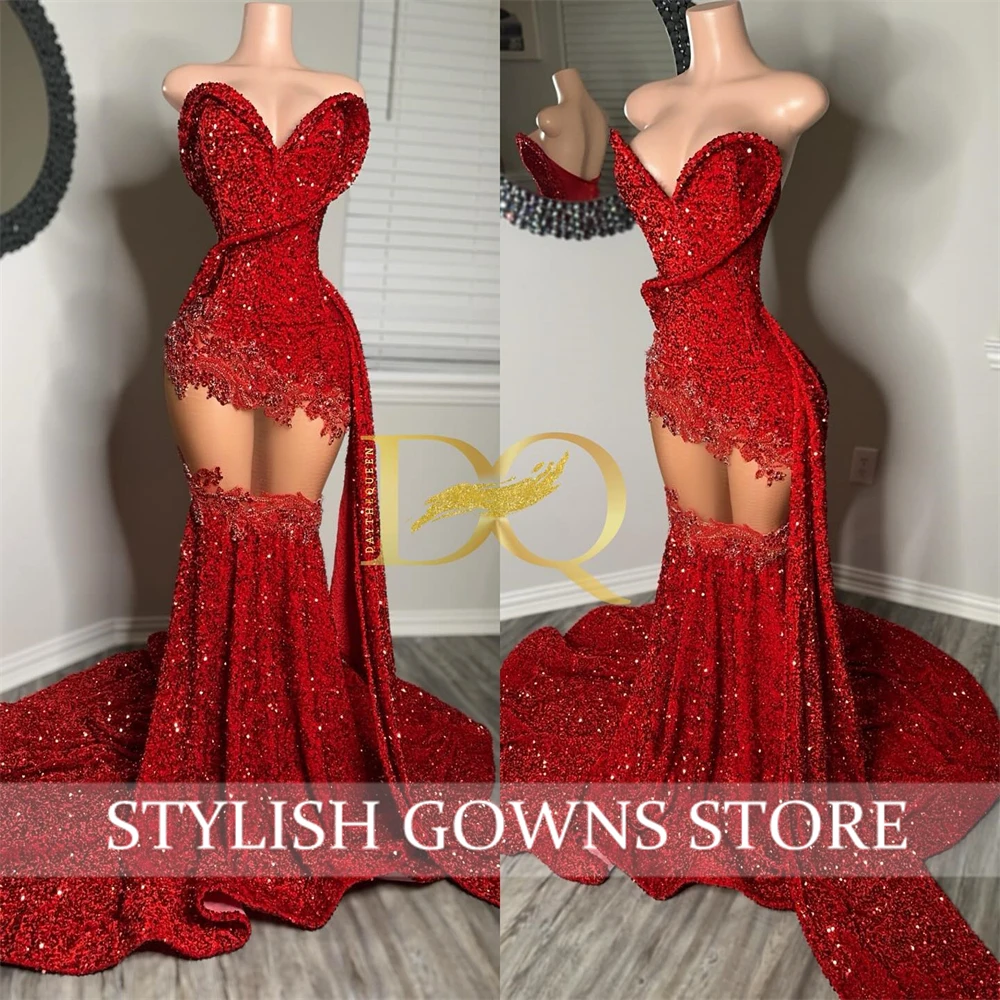 Red Sweethear Long Prom Dress For Black Girls 2025 Sequined Birthday Party Dresses Evening Gowns Gown Robe De Bal Customized