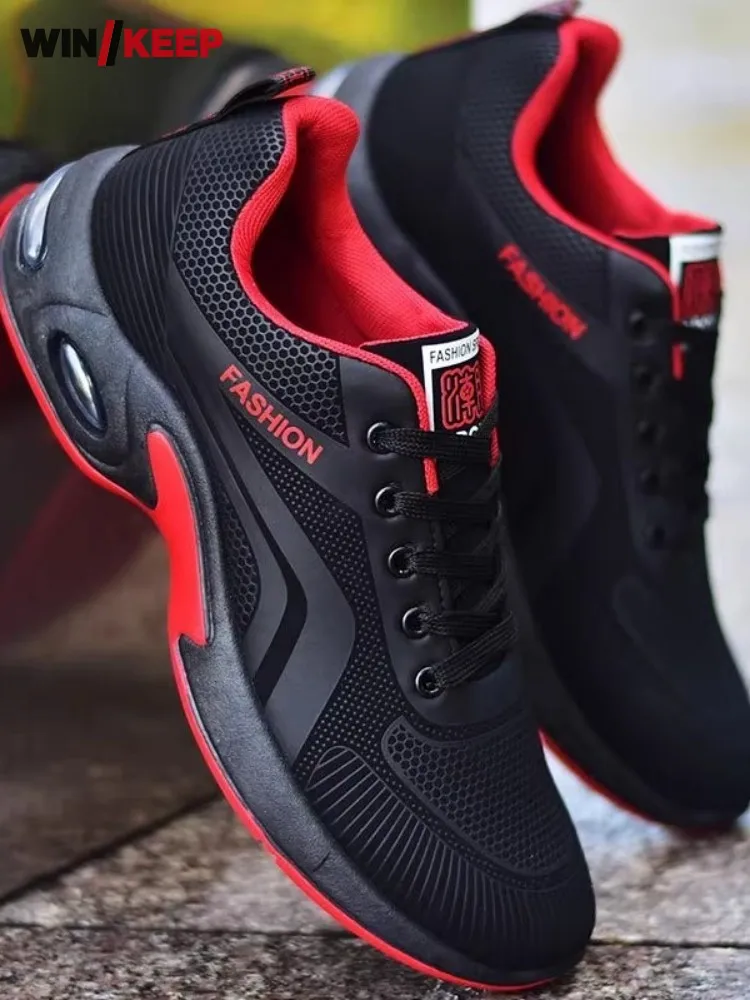 Mens Running Shoes Round Toe Lace Up Pu Leather Breathable Sport Shoes New Spring Outdoor Platform Non Slip Jogging Sneakers