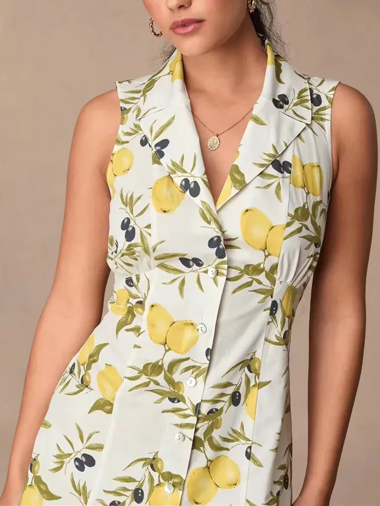 

Lemon Print Women Single Breasted Tank Dress Turn-Down Collar Sleeveless 2024 Summer Female Mid-Calf Robe Holiday Style