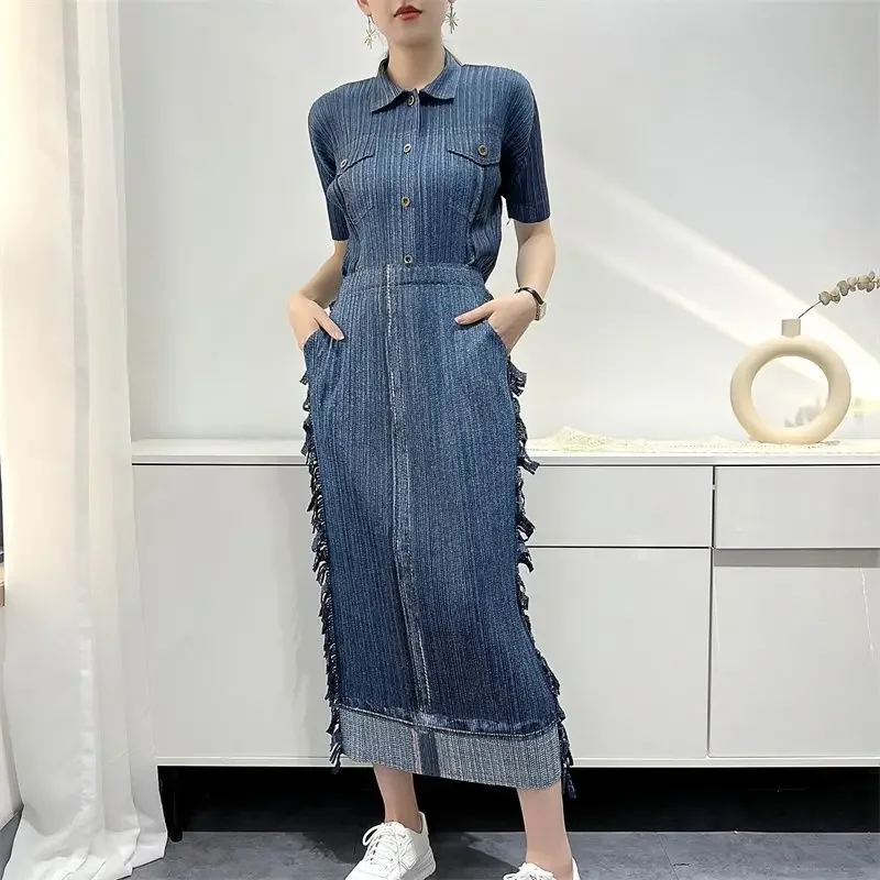 Miyake Pleated Denim Suit 2022 Spring Summer New Short Sleeves Short Coat High Waist Casual Pants Fashion Two-Piece Suit Women