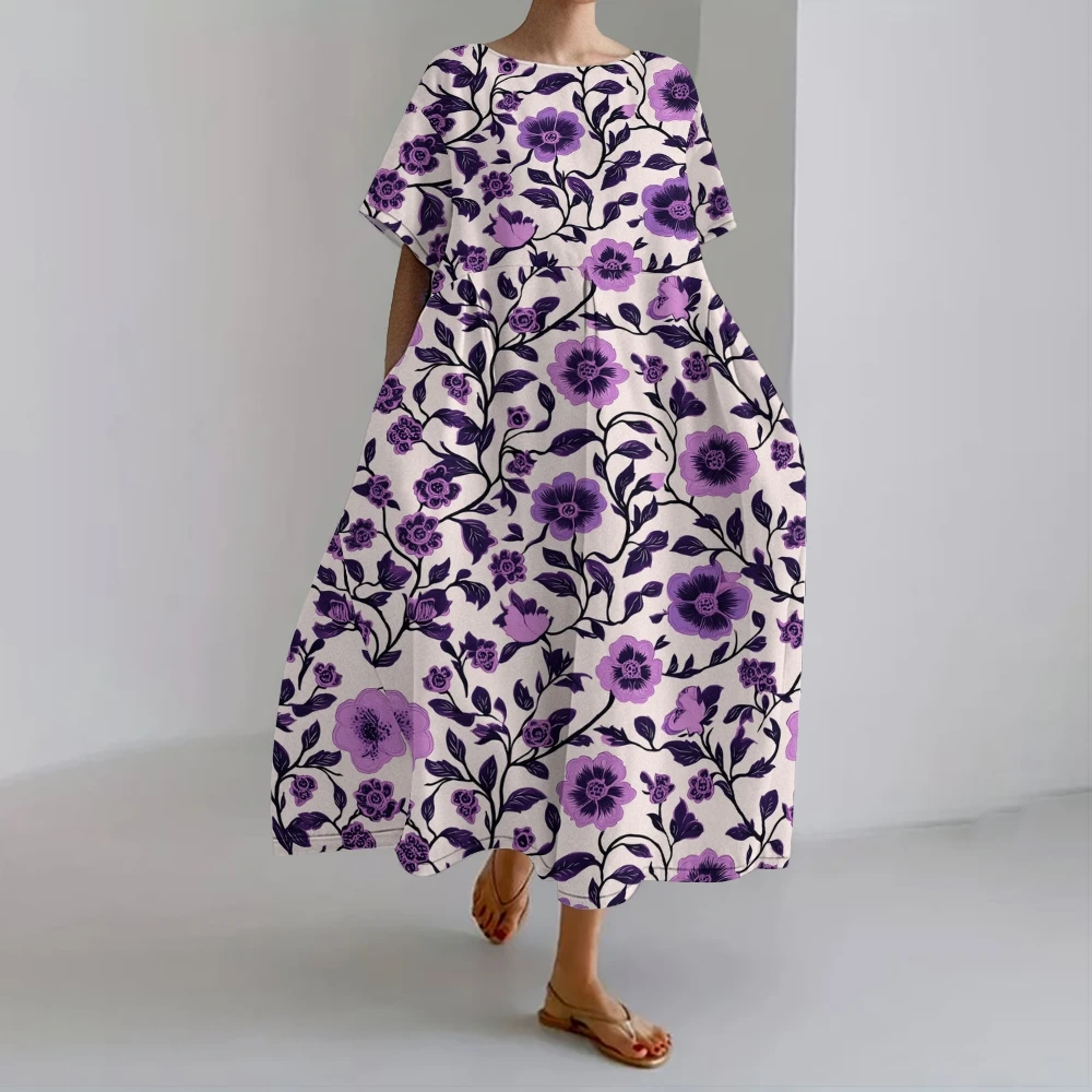 

Elegant Purple Flower Dress Vibrant Floral Pattern Skirt Boho Floral Dresses Garden Party Wears Artistic Flwers Design Outfit