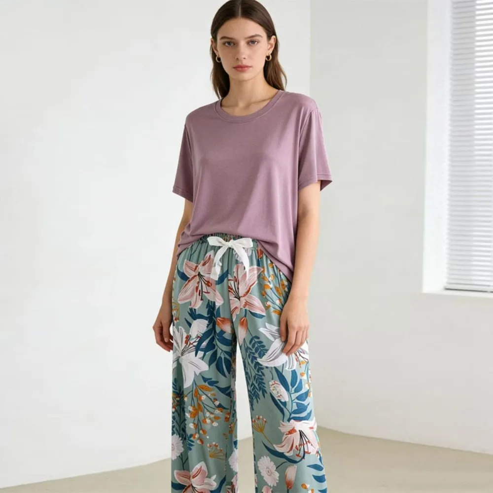 

Женский летний пижамный комплект с коротким рукавом: топ и брюки для сна и дома