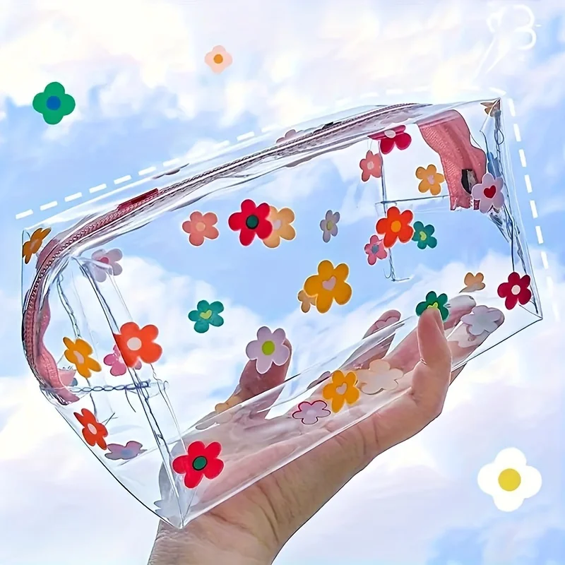 Transparent Flowers Design Pencil Case Girls' Portable Cosmetic Bag Cartoon Women Ladies PVC Makeup Bag Stationery Storage Bag