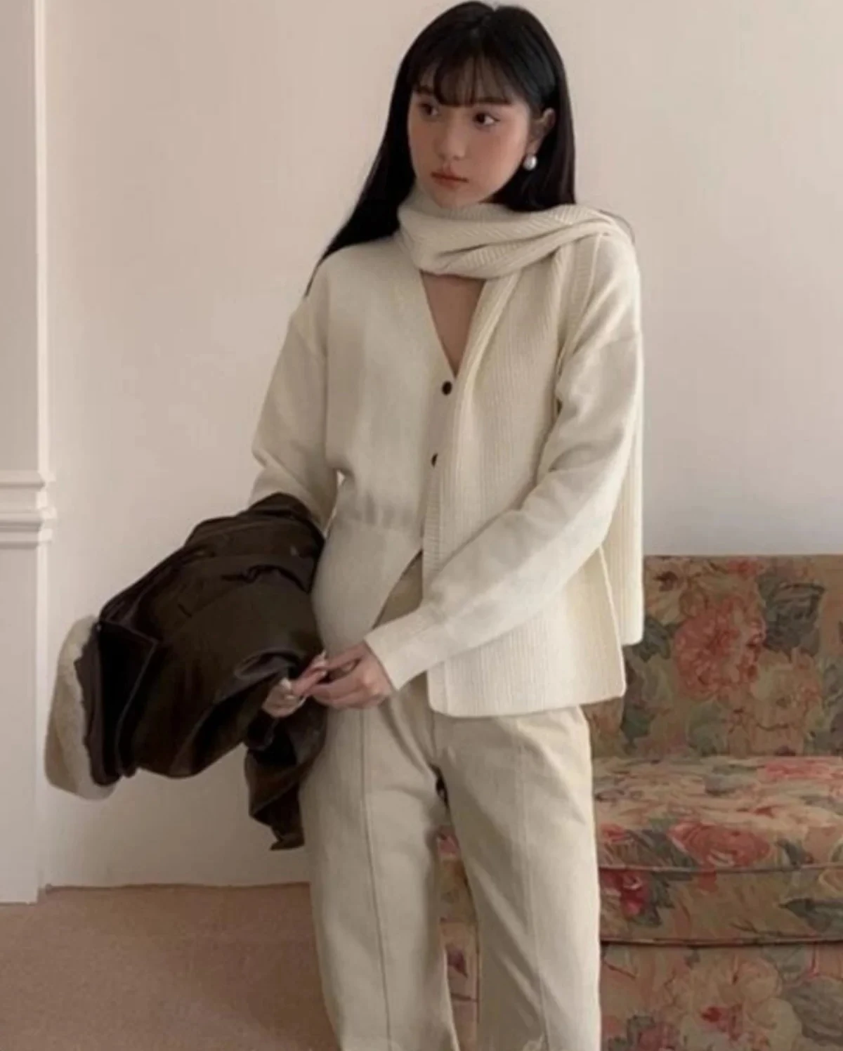 Koreaanse Sle Sweater Vest Lang Sve Dunne gebreide bovenkleding met sjaalkraag Loose Fit Herfst Winter Tweedelige set Dames...