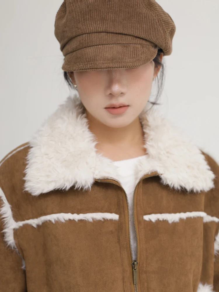 

Куртка из искусственной замши цвета карамели с отделкой из меха ягненка, на молнии, утепленная, зимняя, для повседневной носки, с длинными рукавами