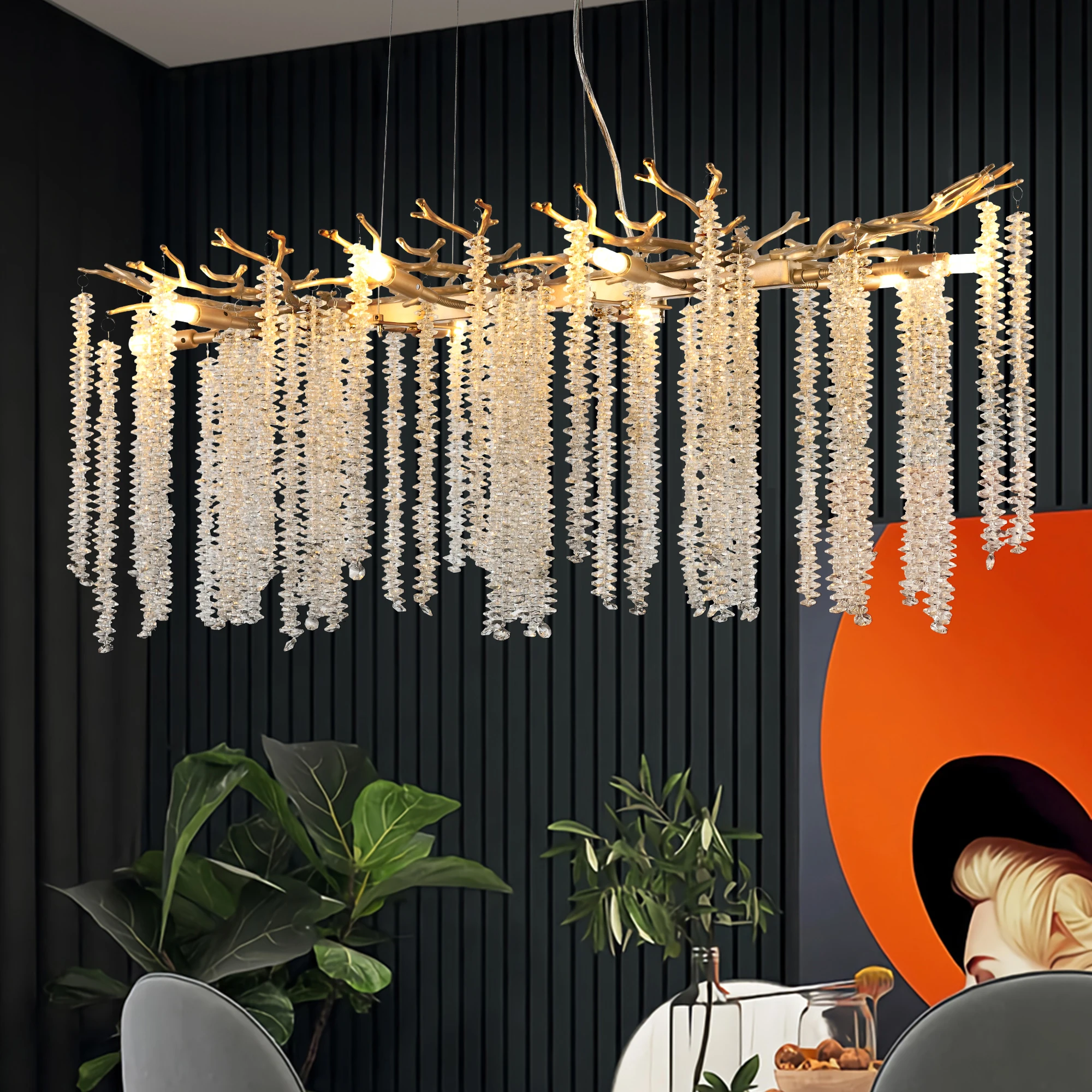 39.4-inch Modern Golden Pendant Light with Cascading Crystal Strands, High-End Decorative Lighting Fixture (Bulb Not Included)