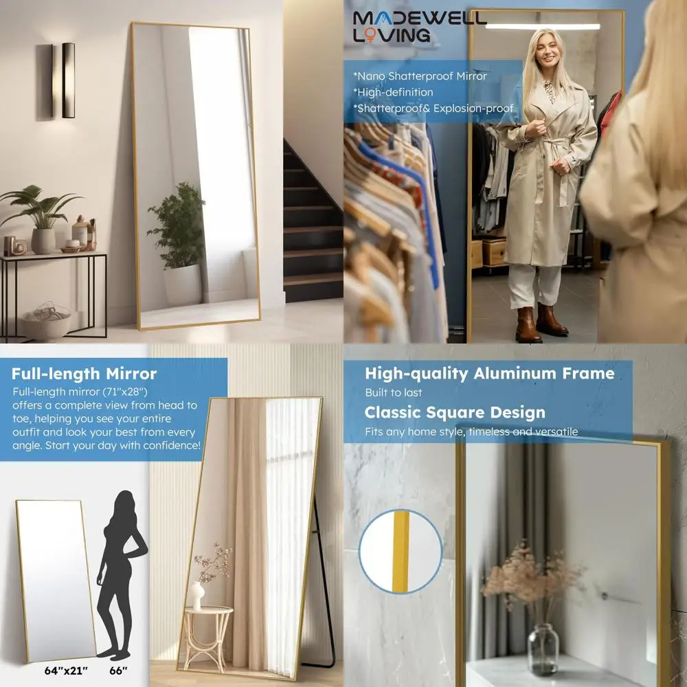 

64 x 21 Large Floor Mirror with Stand, Ideal for Bedrooms and Living Rooms, Gold Frame