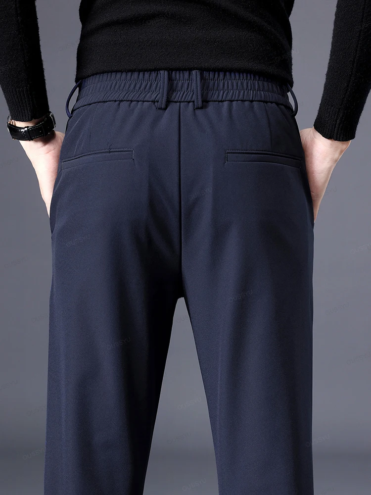 Pantalones informales gruesos para hombre, pantalones elásticos de negocios, ajustados, de cintura elástica, para correr al aire libre, clásicos, coreanos, grises y negros, Otoño e Invierno