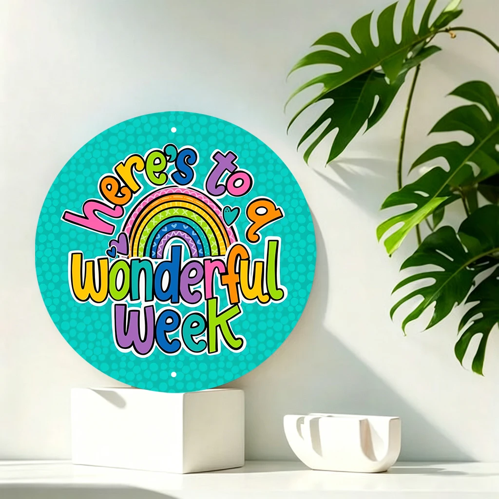 JIT 1-pc Light cyan rainbow YOU ARE WONDERFUL graffiti print round metal tin sign wall decor, hassle-free hanging structure, this stylish metal tin sign fits reading nook and bedroom for multi-scene wall decor, excellent daily home