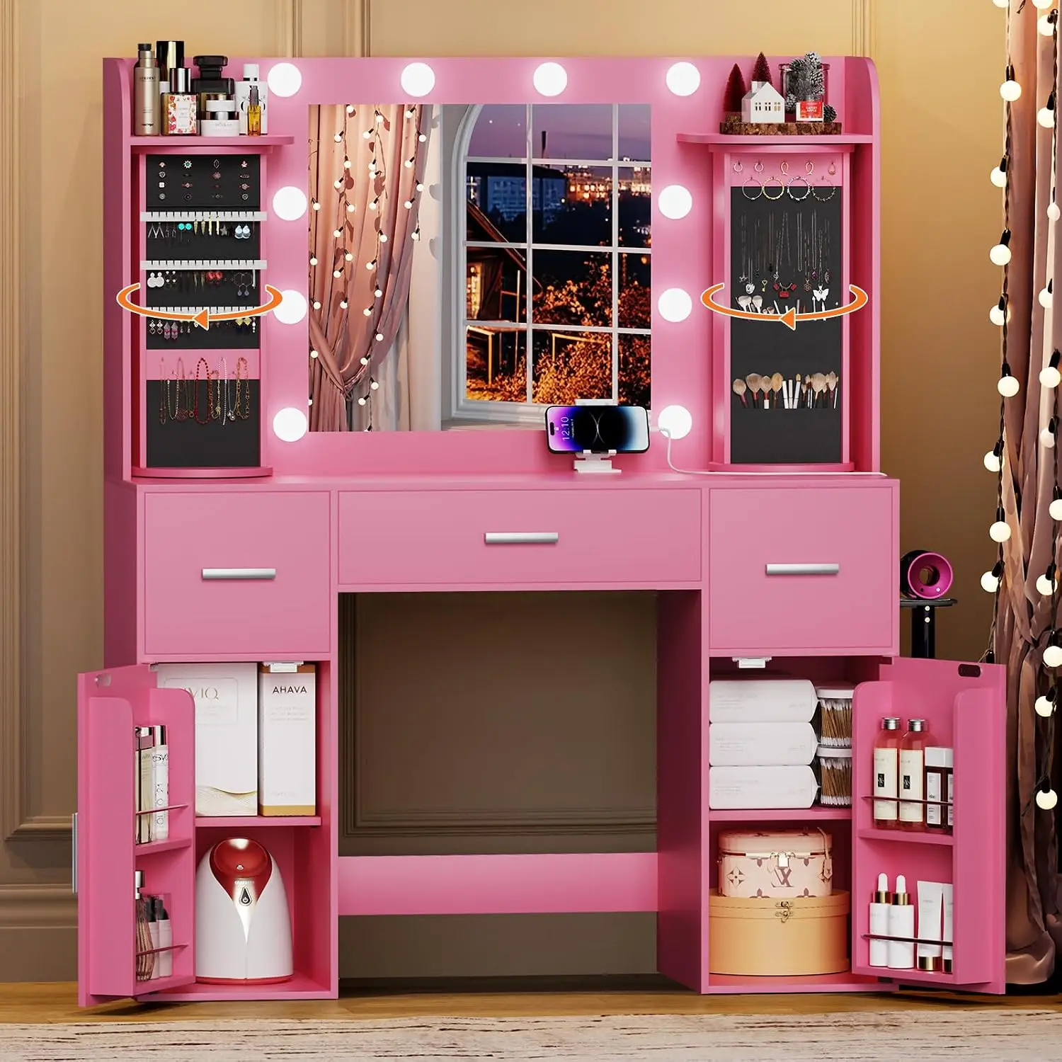 Vanity Desk with Mirror & Lights, Jewelry Organizer, USB-C Charging, 3 Drawers & 2 Cabinets for Bedroom, Pink, Customized