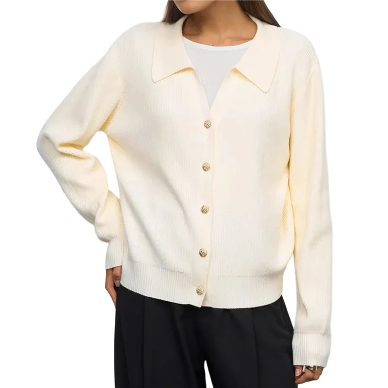

Женский свитер с воротником с лацканами на пуговицах с открытой передней частью, осенние вязаные куртки, милый кардиган на пуговицах с длинными рукавами