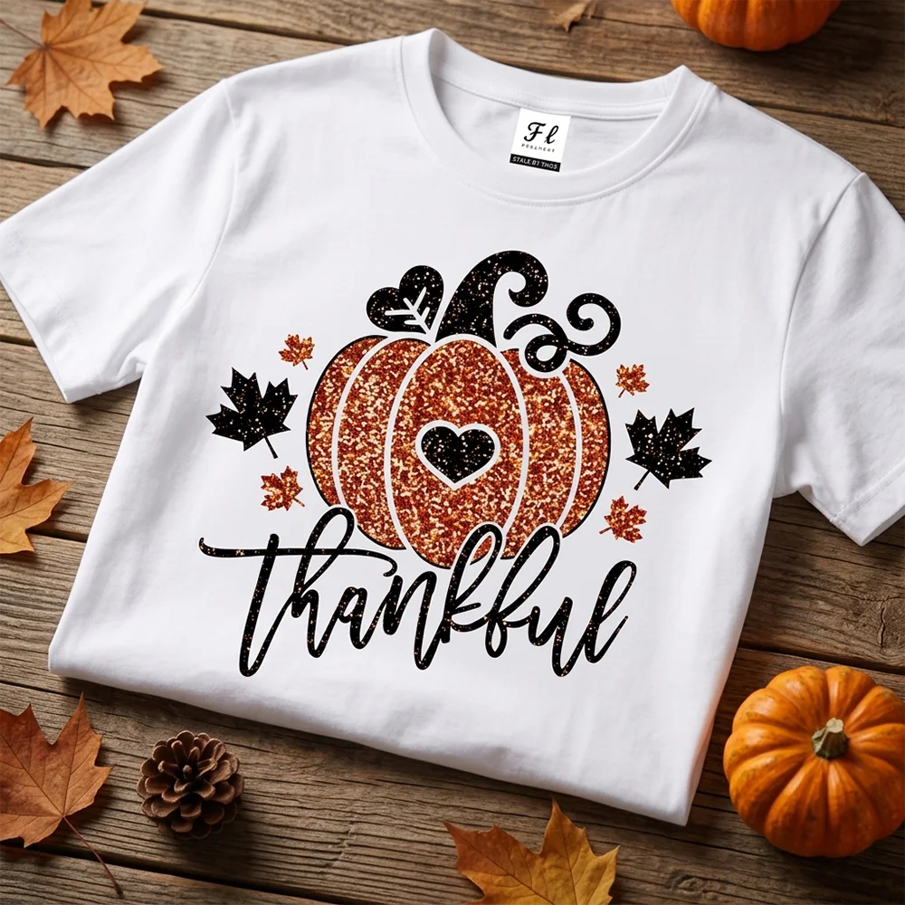 Women T Shirt Thankful Glitter Pumpkin Graphic Print Autumn Short Sleeve Cotton Oversized Casual Tee Tops Female Apparel