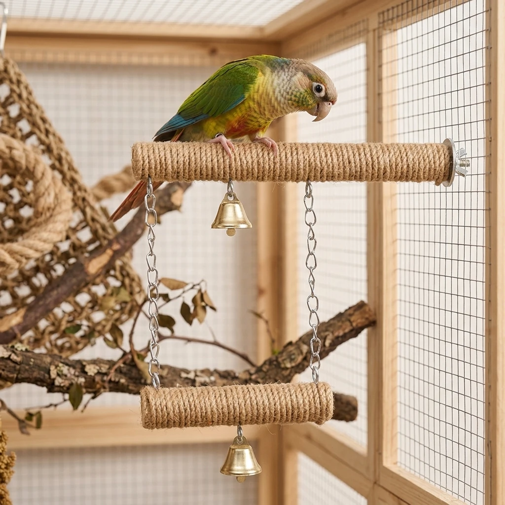 Parrot Swing Natural Cotton Rope Claw Grinding Toy Spiral Grip Perch for Lovebirds Cockatiels Budgies Indoor Cage Stand
