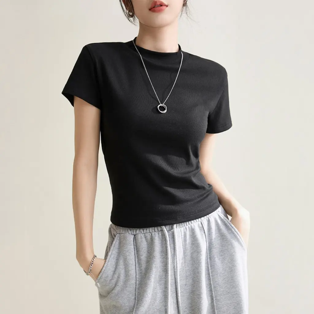 

Elegant Slim Pure Color T-Shirt for Women Right Shoulder round Neck Short-Sleeved High Elastic Inner Top Spring Summer