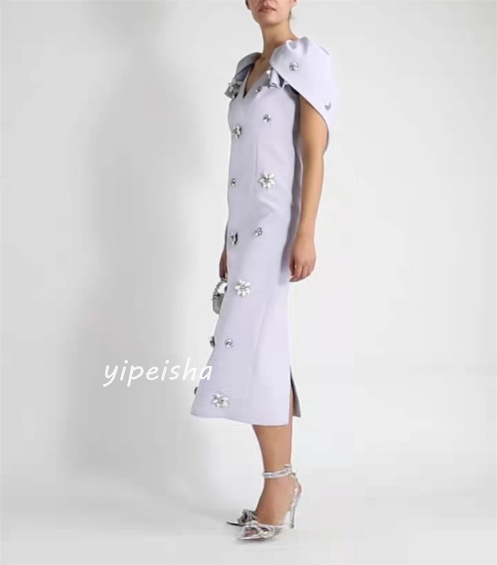 Customized Jersey Flower Sequined Ruched Evening A-line V-neck Bespoke Occasion Gown Midi Dresses