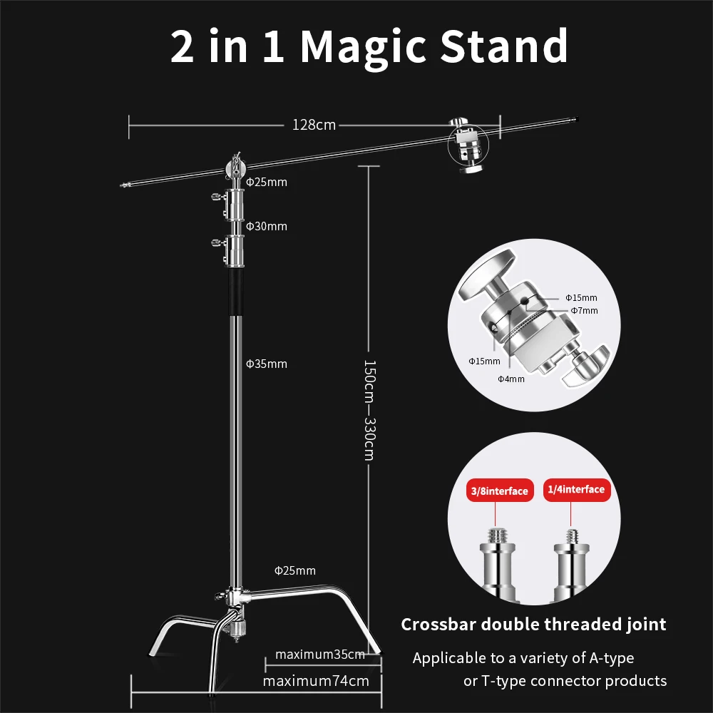 2.6M/8.5FT Stainless Steel Century Foldable Light Stand Tripod Magic Leg Photography C-Stand For Spot Light,Softbox,Photo Studio