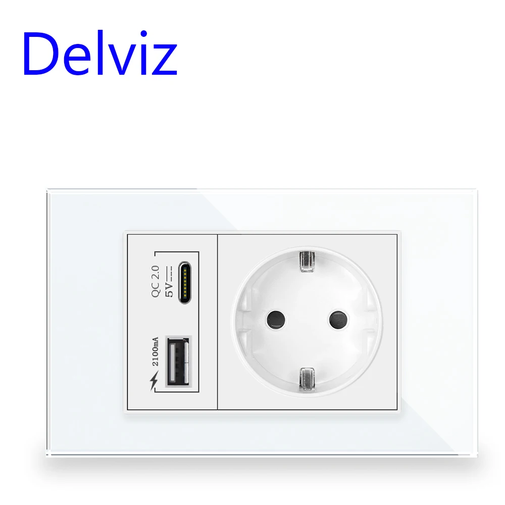 Gniazdo ścienne USB Delviz typu C, z portami USB 2A, gniazdo elektryczne, panel ze szkła kryształowego 120mm * 72mm, gniazdo zasilania European 16A