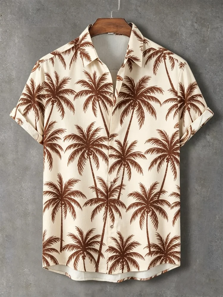

Men's Loose Button-Down Stylish Shirt, Breathable Comfort, Retro Hawaiian Palm Tree Print Summer Casual Top