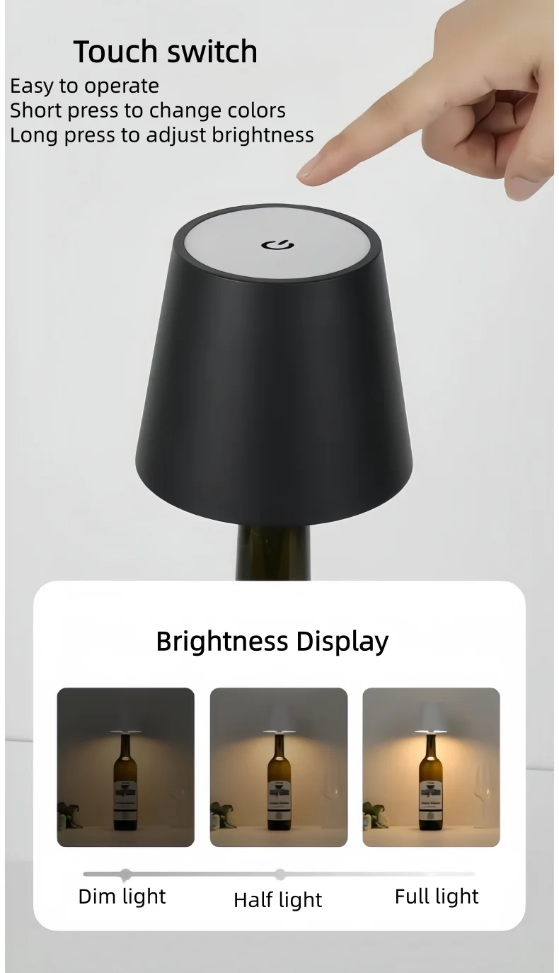 AITHEA LED Rechargeable Wine Bottle Lamp Touch Control of 3 Colors and Stepless Dimming Table Lamp Night Light